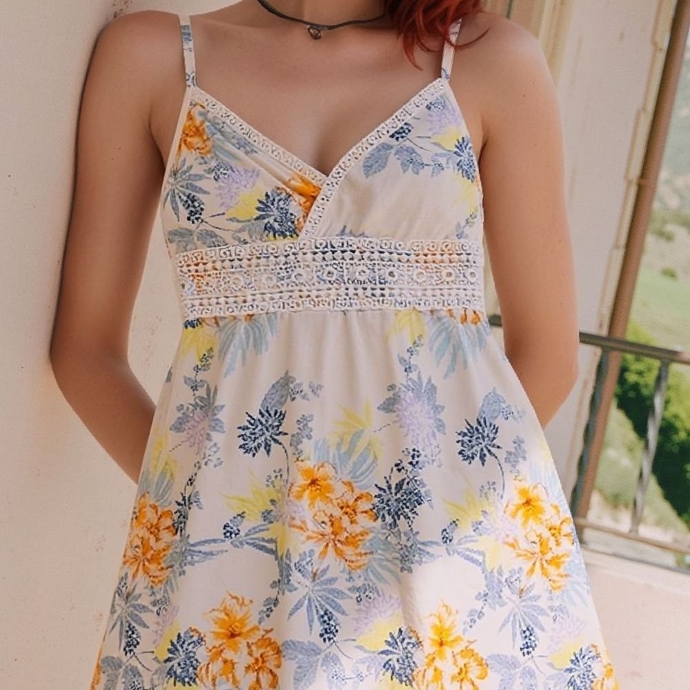 Womens‎ M Floral Crochet Empire Waist Sun Dress Tropical Blue Yellow Boho Soft